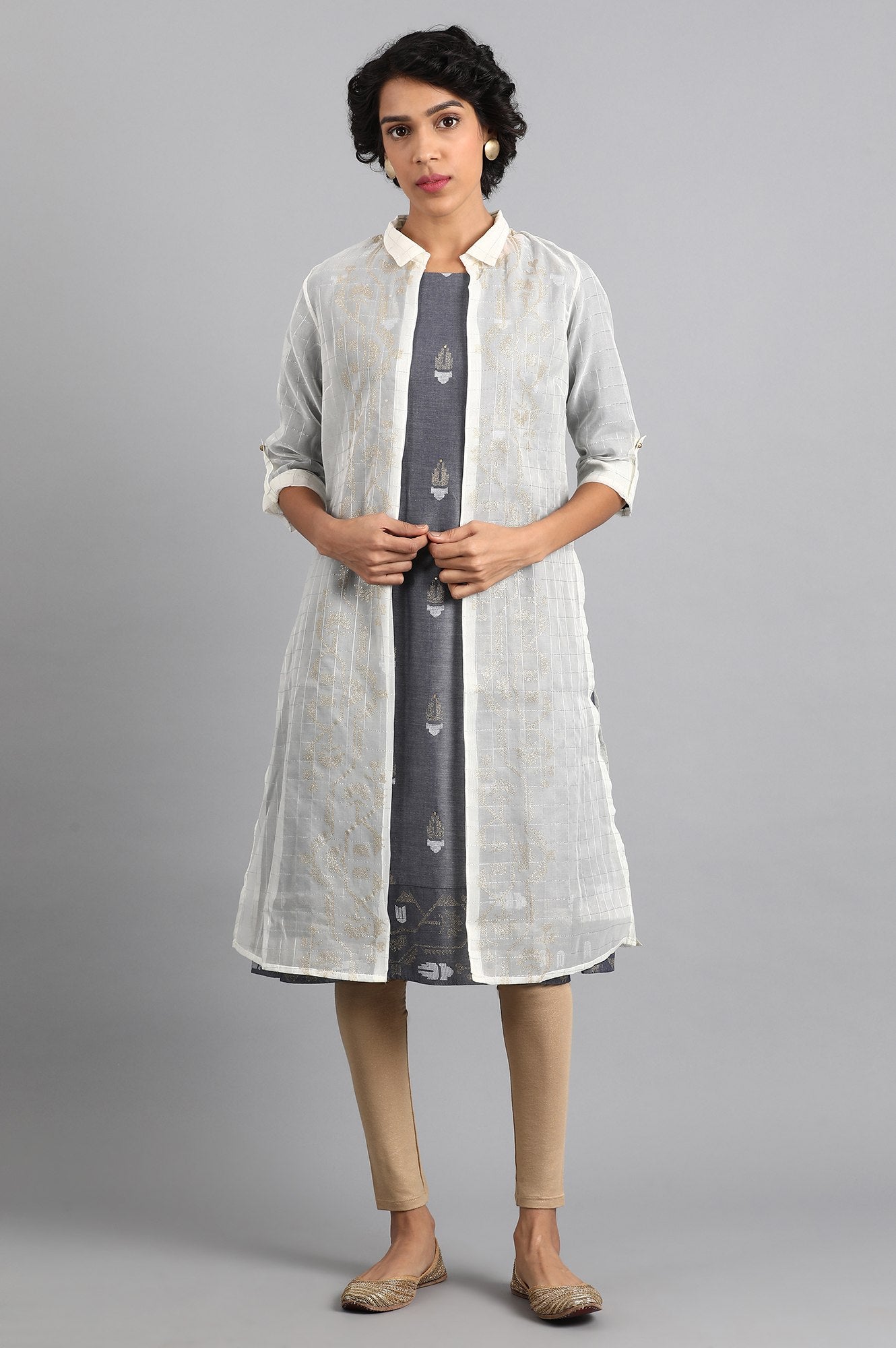 Blue Shirt Collar Embroidered kurta with Jacket