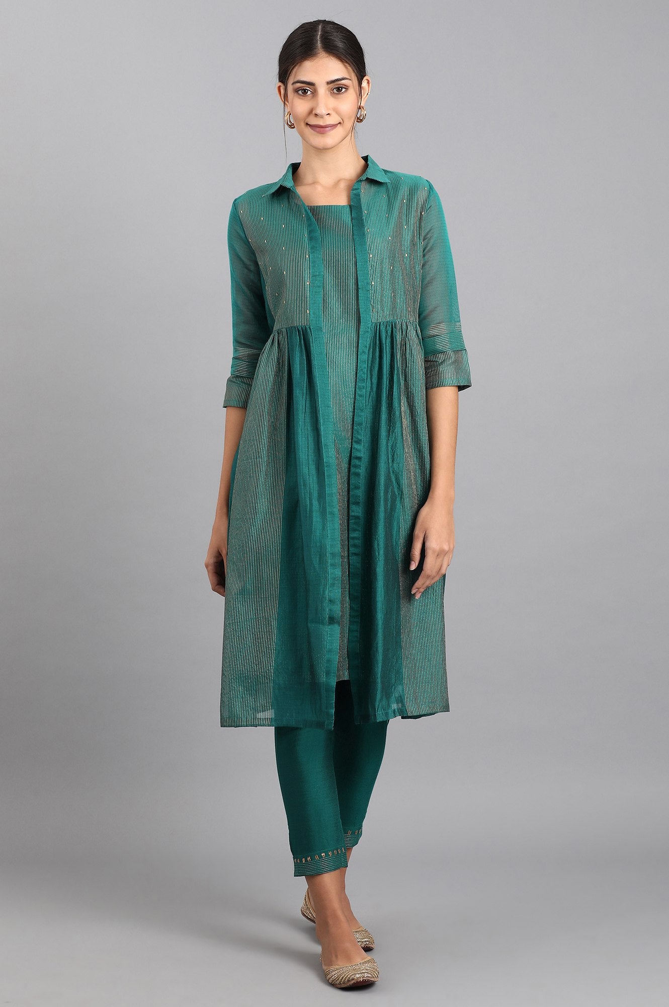 Teal Shirt Collar Yarn-dyed kurta