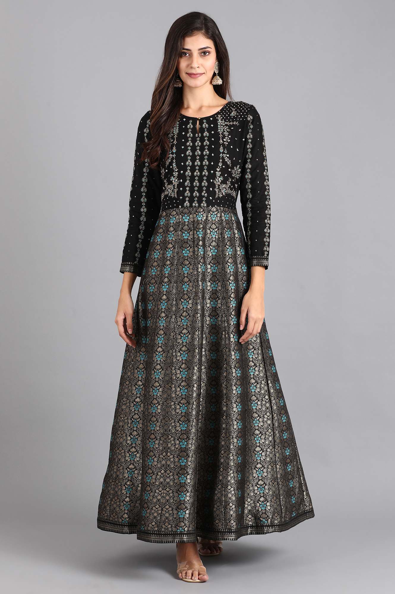 Black Round Neck Embroidered Festive Gown