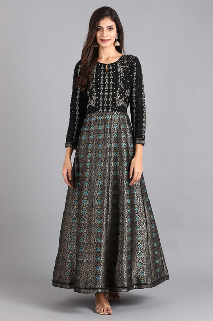 Black Round Neck Embroidered Festive Gown