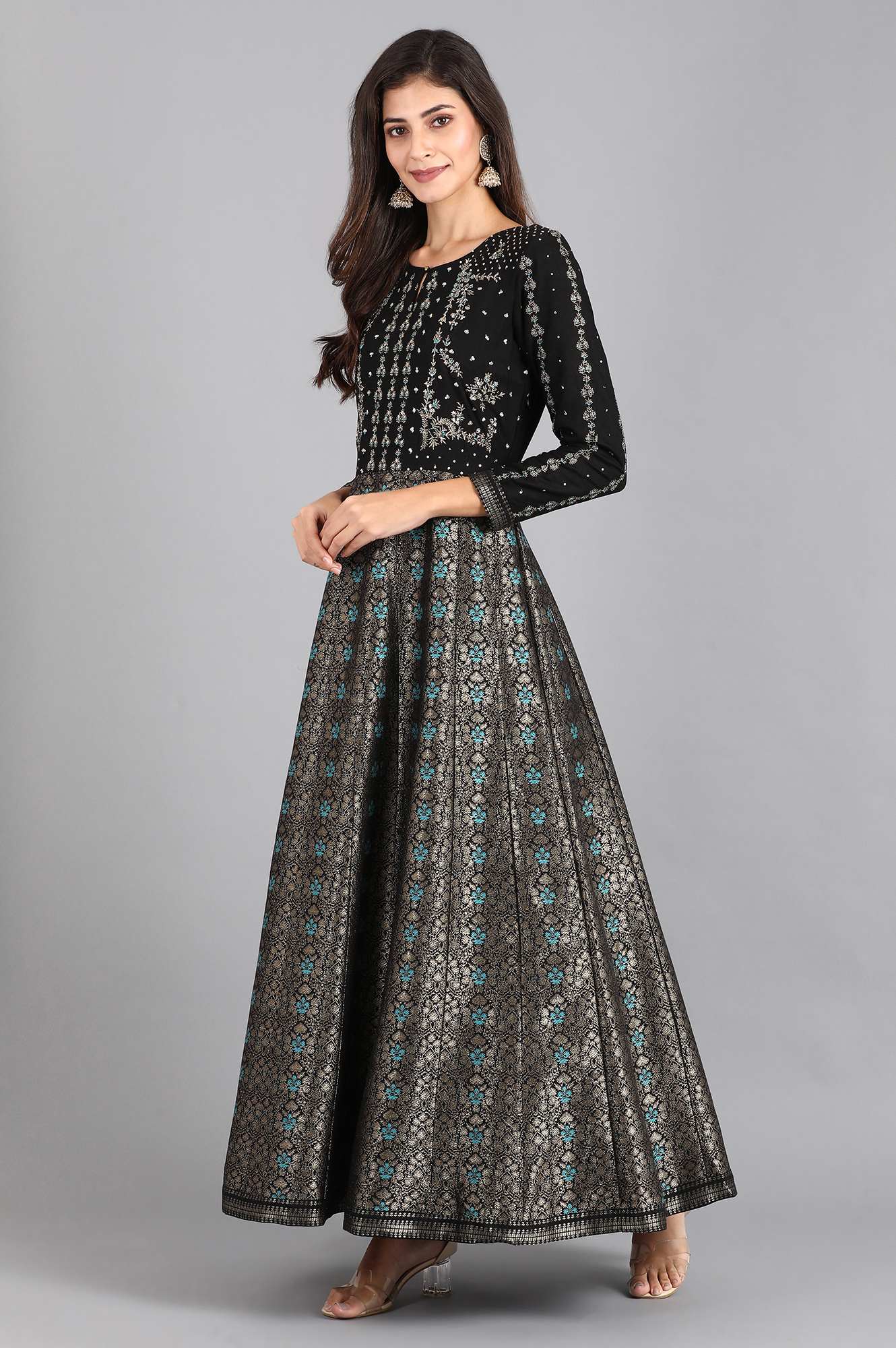 Black Round Neck Embroidered Festive Gown