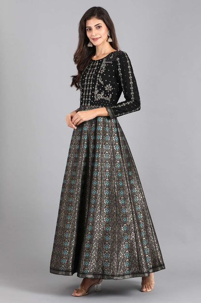 Black Round Neck Embroidered Festive Gown