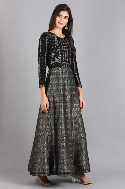 Black Round Neck Embroidered Festive Gown