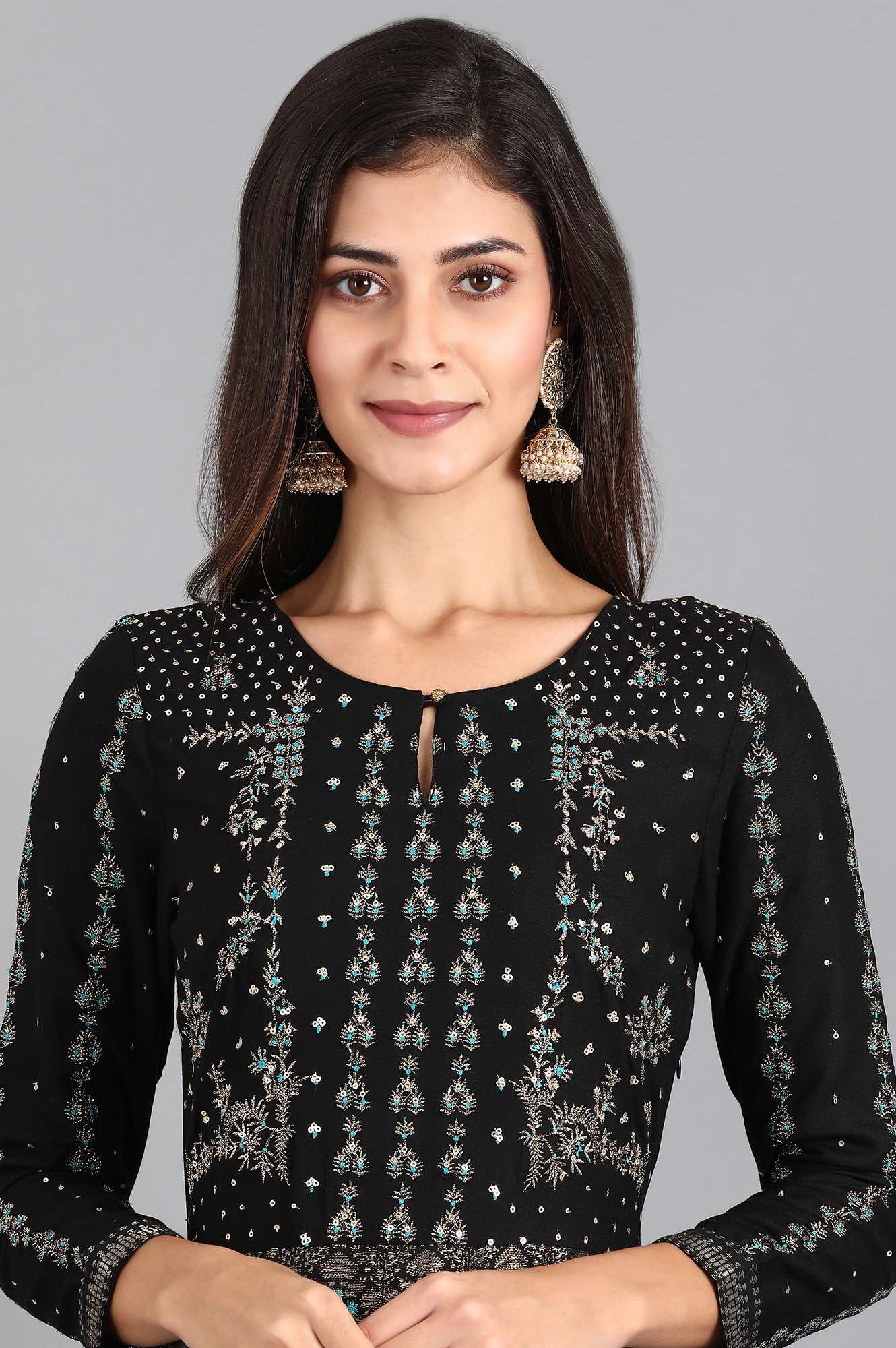 Black Round Neck Embroidered Festive Gown