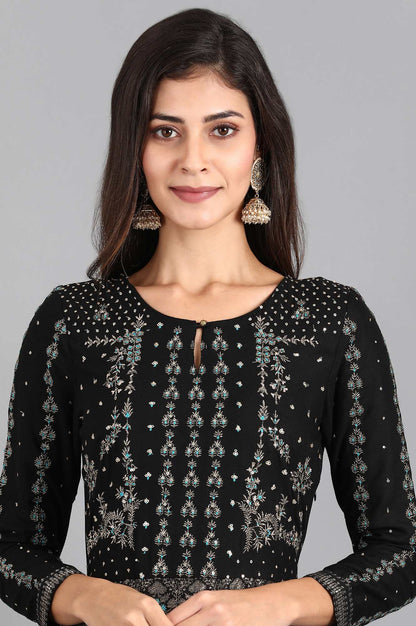 Black Round Neck Embroidered Festive Gown