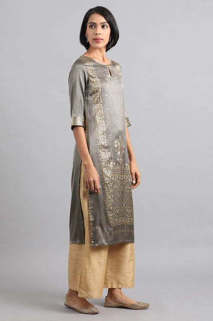 Grey Round Neck Foil Printed kurta