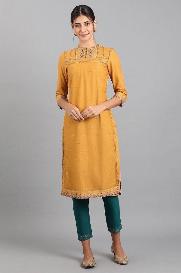 Mustard Mandarin Neck Embellished kurta