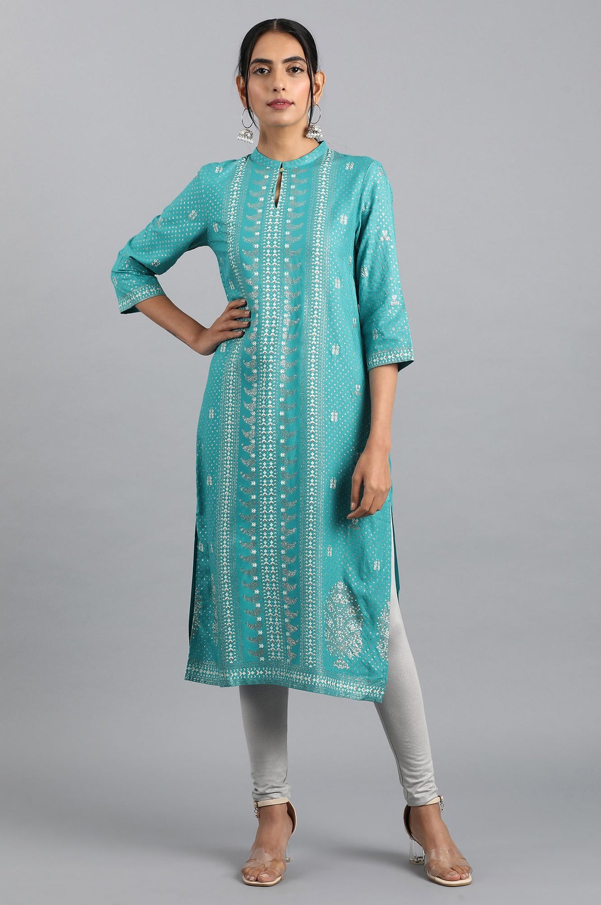 Blue Glitter Printed Keyhole Neck Straight Kurta - XS