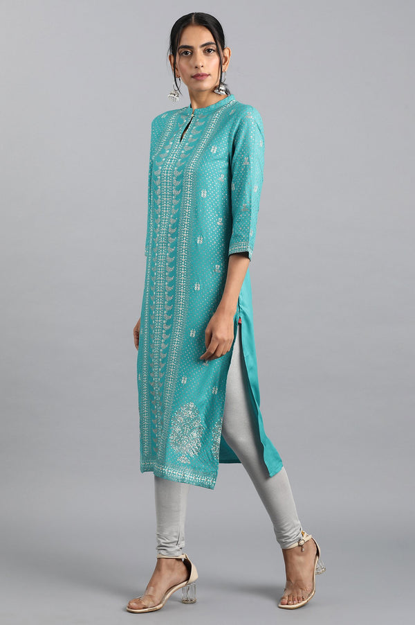 Blue Glitter Printed Keyhole Neck Straight Kurta