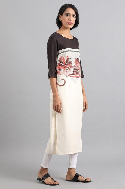 White Round Neck Printed kurta - wforwoman