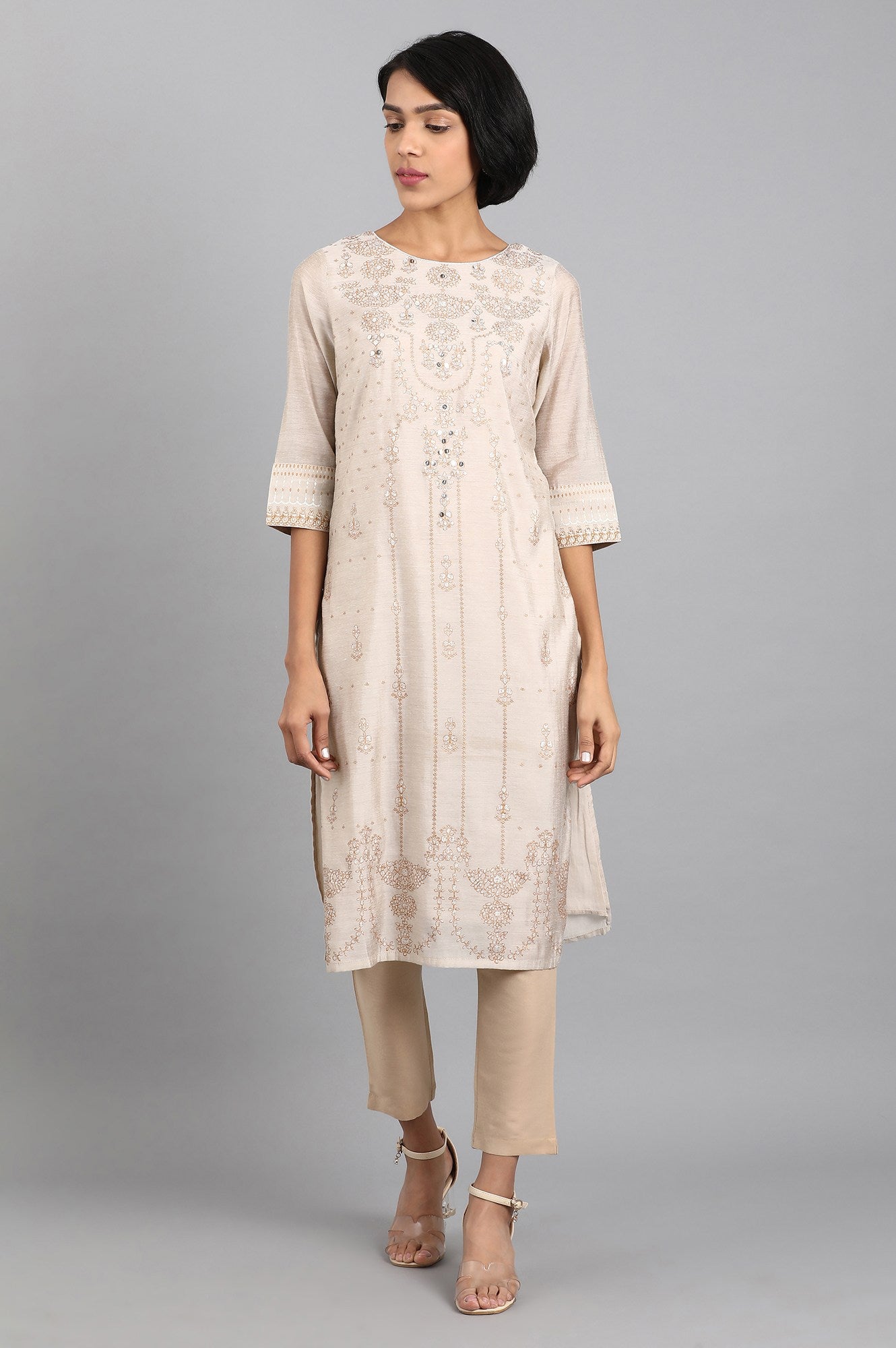 Beige Solid Trousers