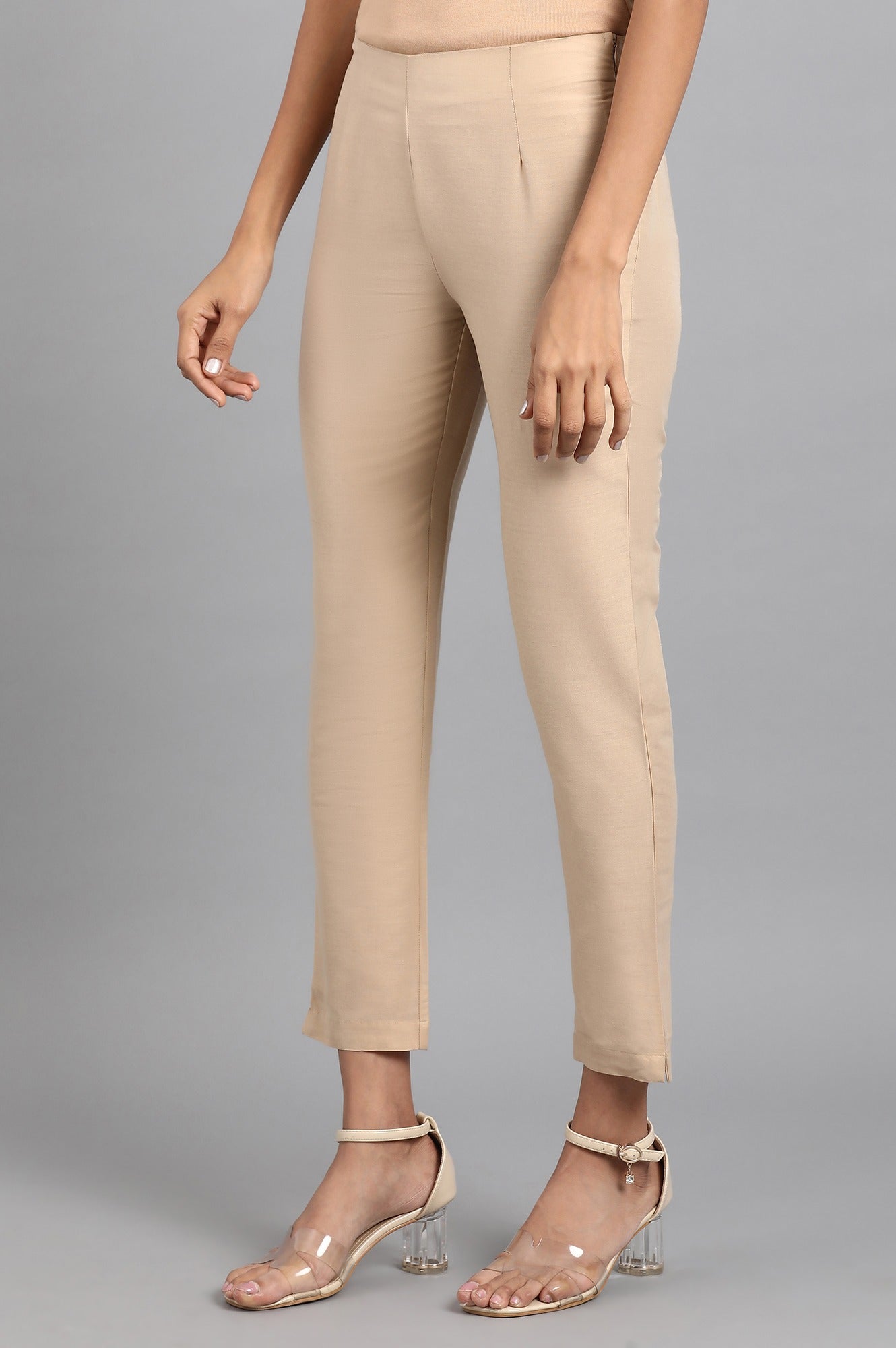 Beige Solid Trousers