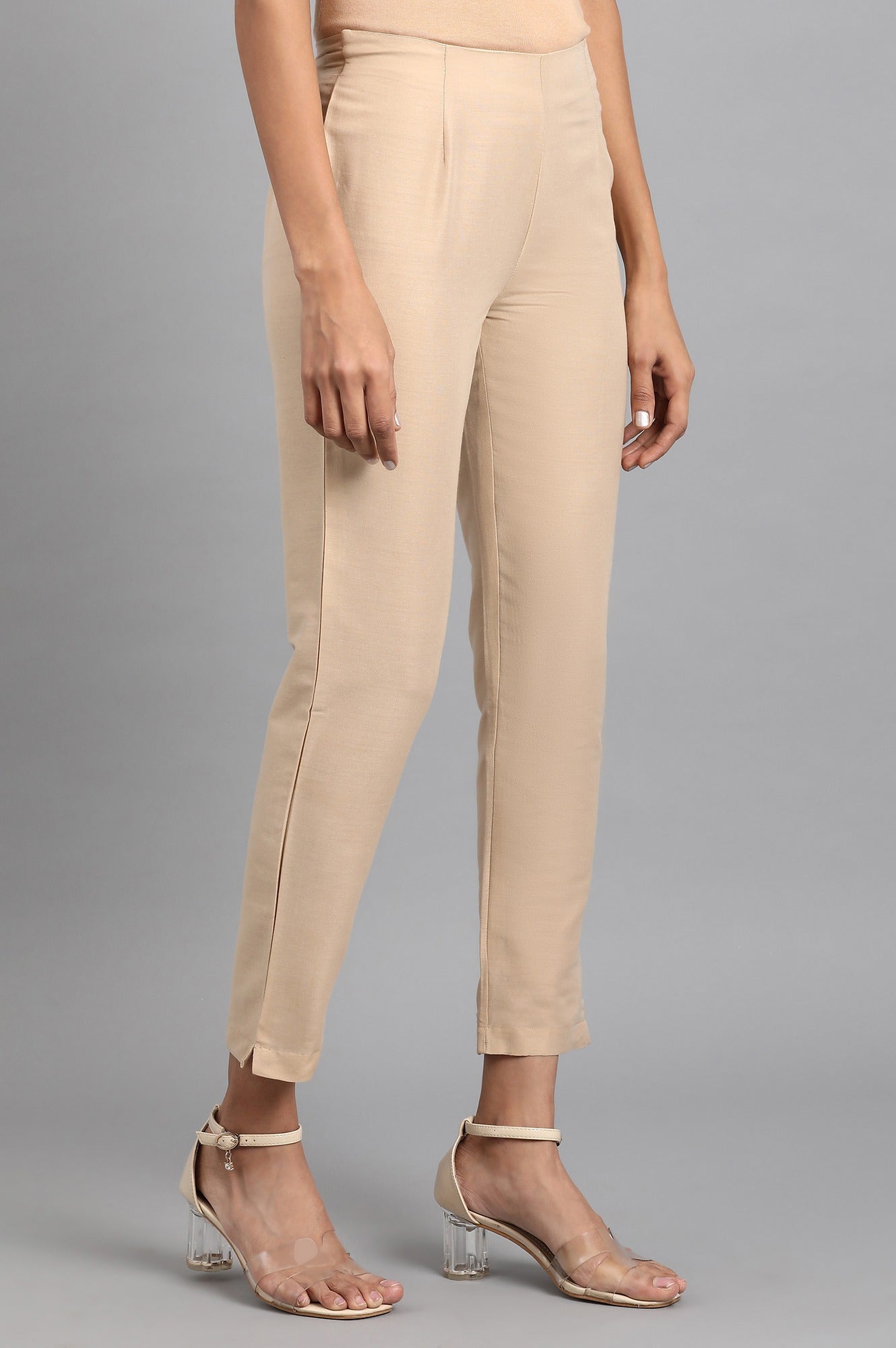 Beige Solid Trousers