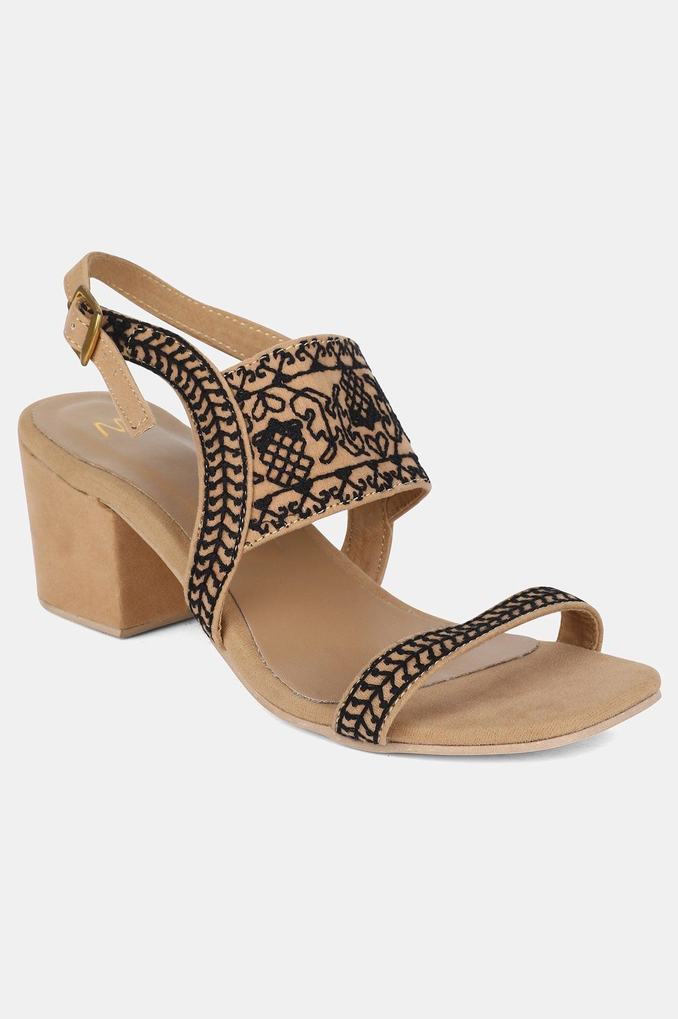 Beige Square Toe Embroidered Block heel - wforwoman