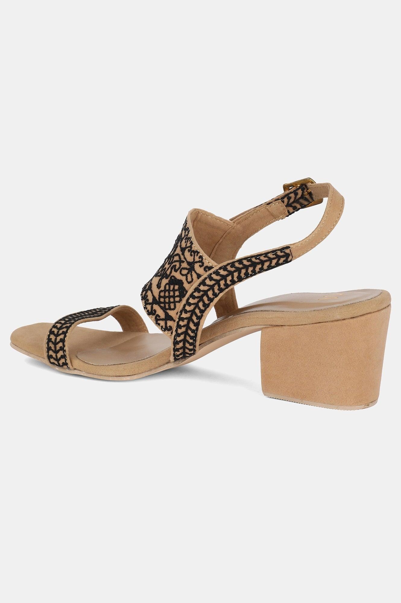 Beige Square Toe Embroidered Block heel - wforwoman