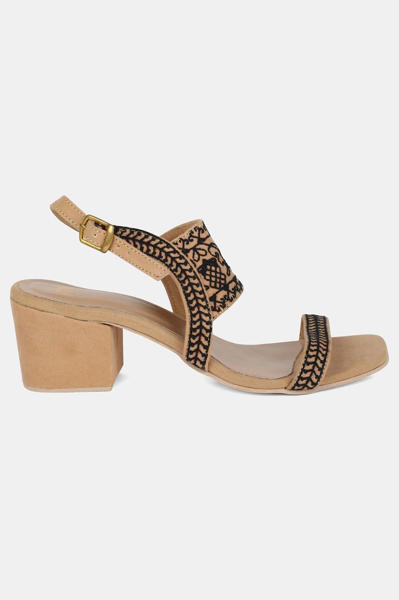 Beige Square Toe Embroidered Block heel - wforwoman