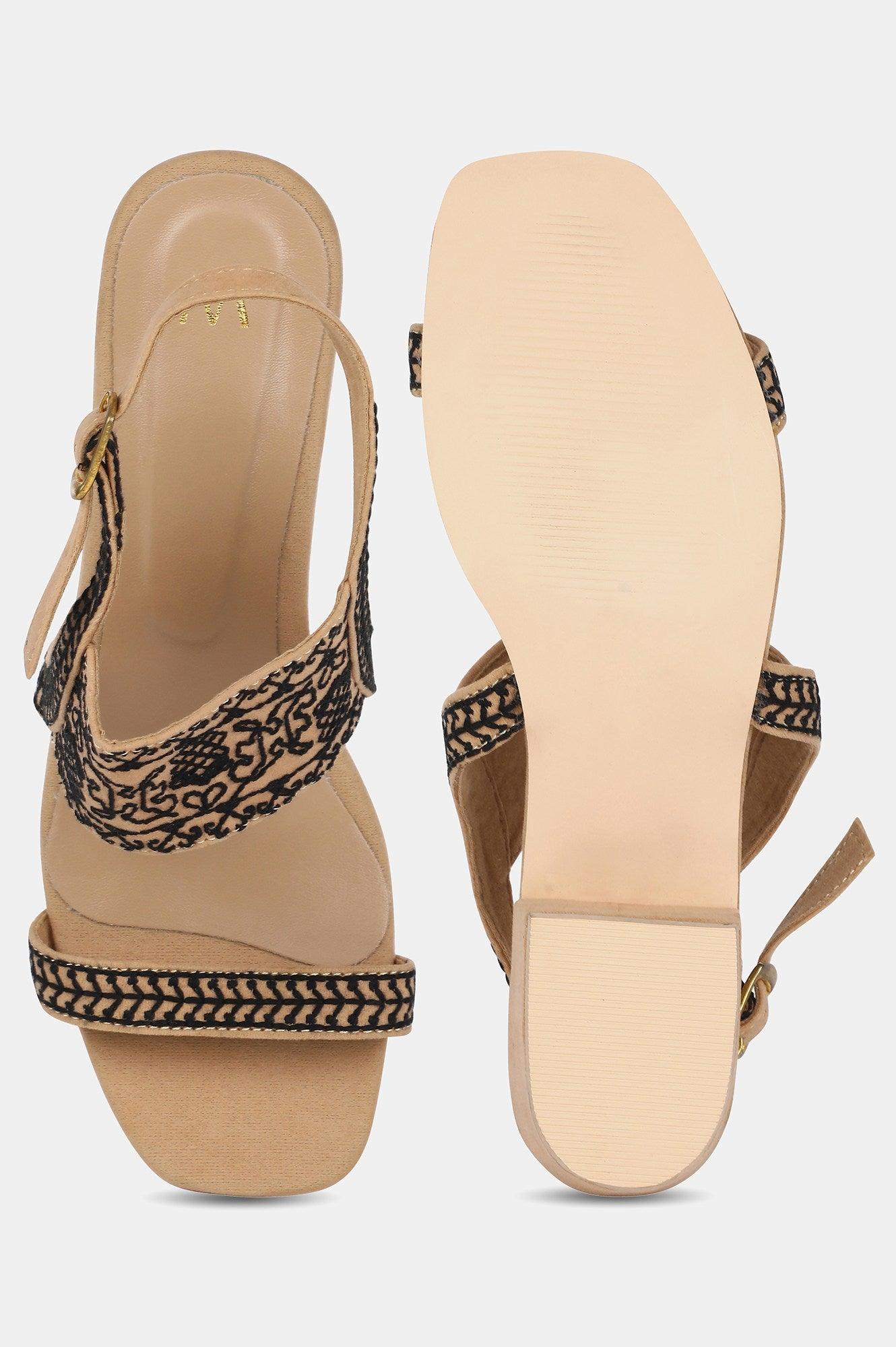 Beige Square Toe Embroidered Block heel - wforwoman