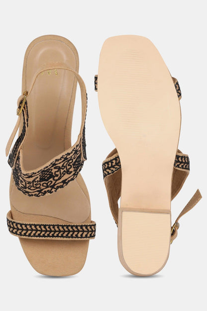 Beige Square Toe Embroidered Block heel - wforwoman