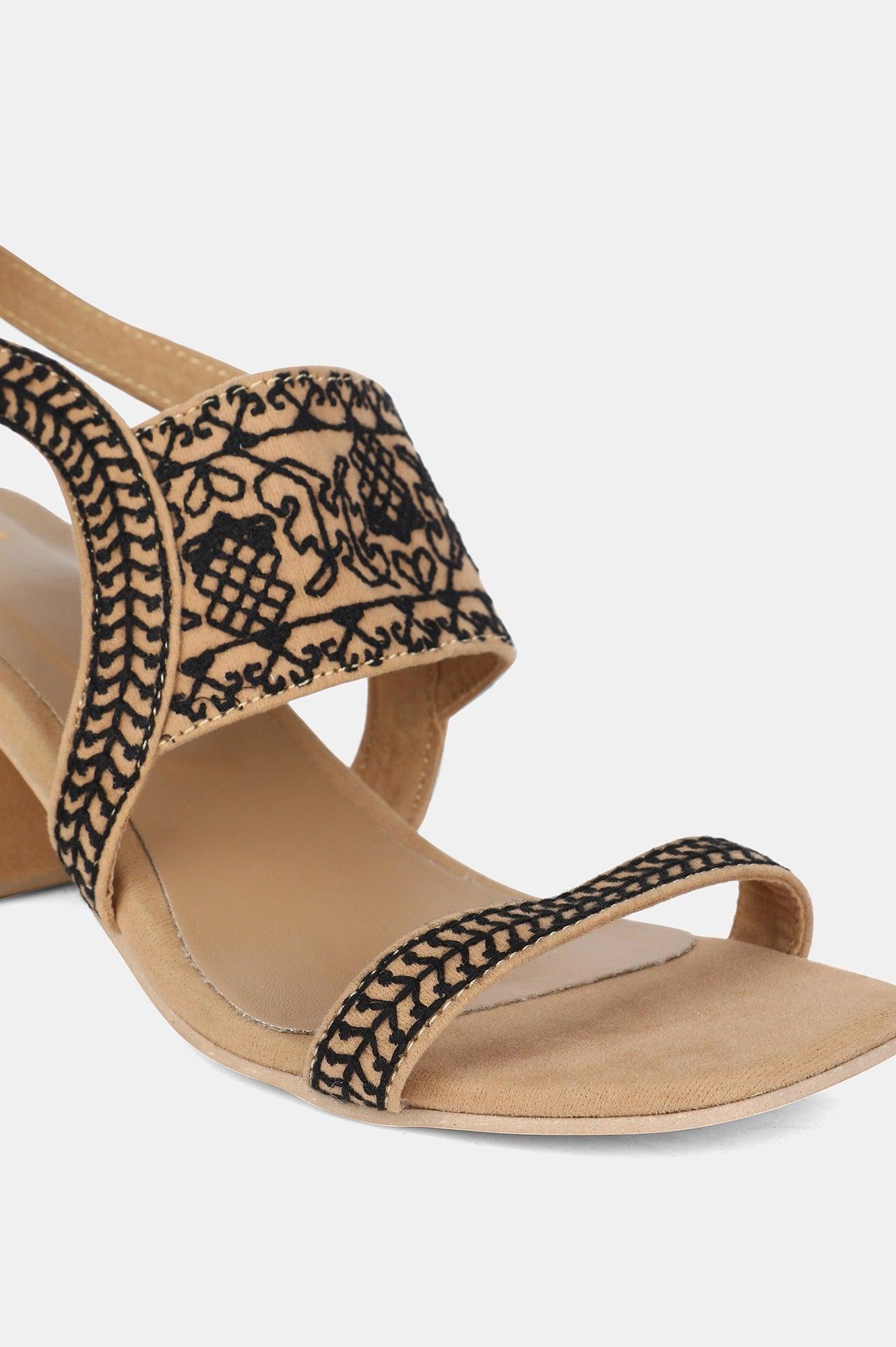 Beige Square Toe Embroidered Block heel - wforwoman