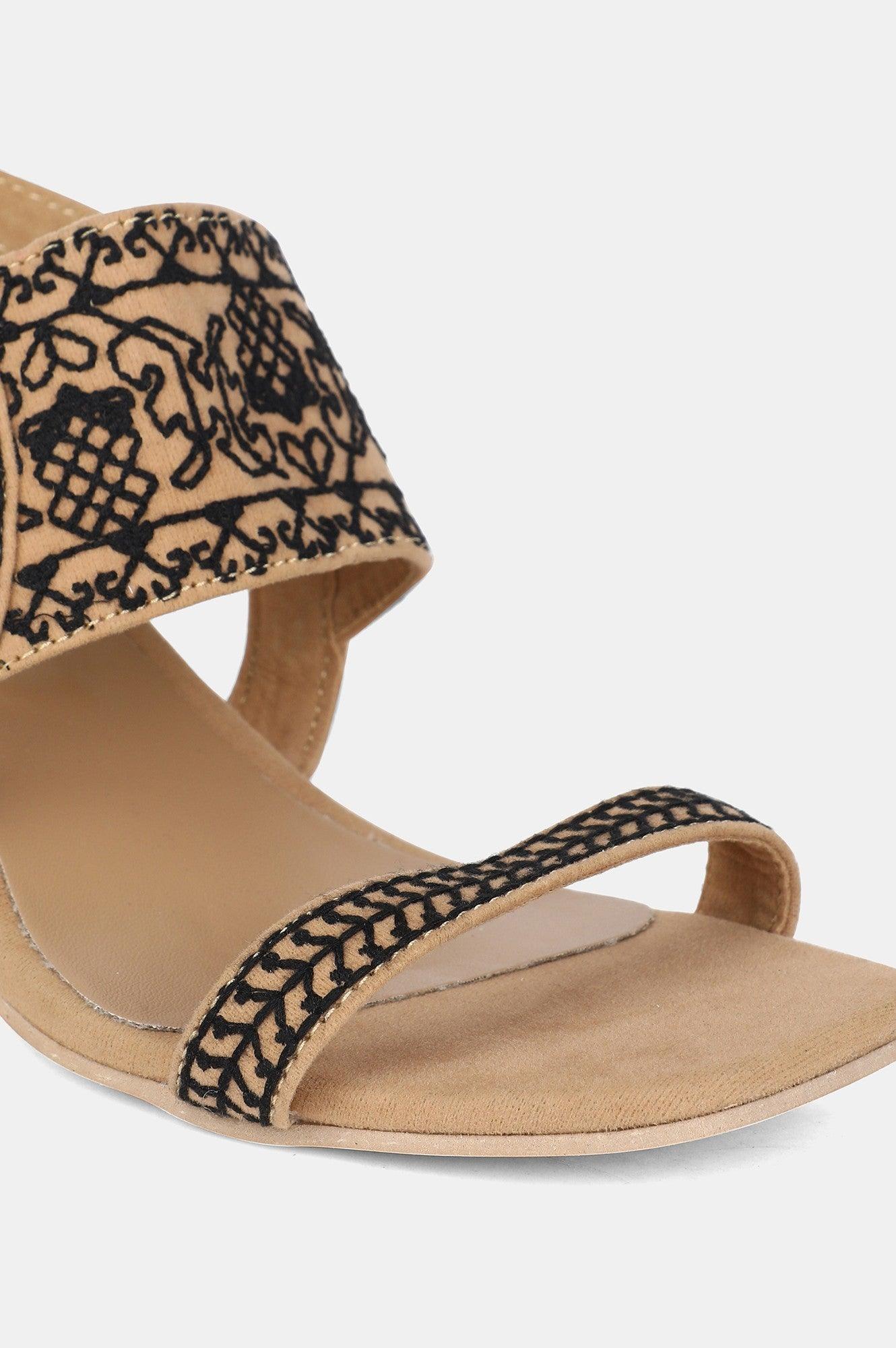 Beige Square Toe Embroidered Block heel - wforwoman