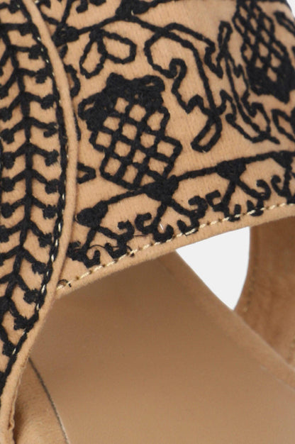 Beige Square Toe Embroidered Block heel - wforwoman