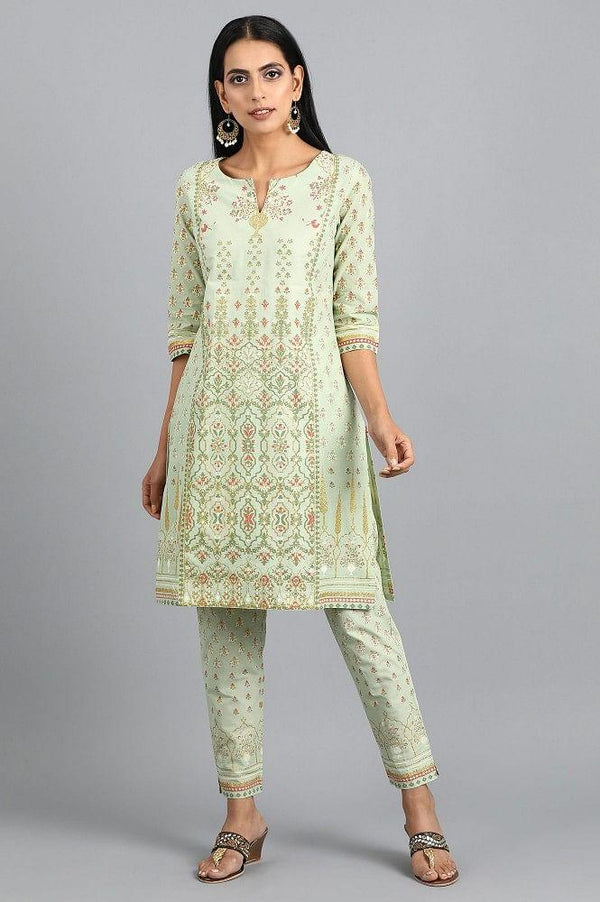 Green Round Neck Printed kurta Set