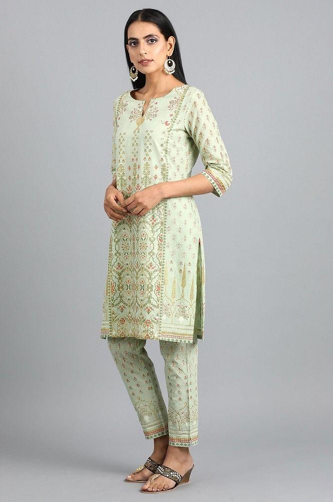 Green Round Neck Printed kurta Set - wforwoman