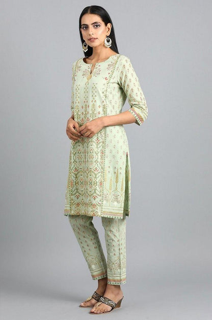 Green Round Neck Printed kurta Set - wforwoman