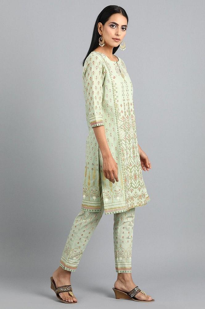 Green Round Neck Printed kurta Set - wforwoman