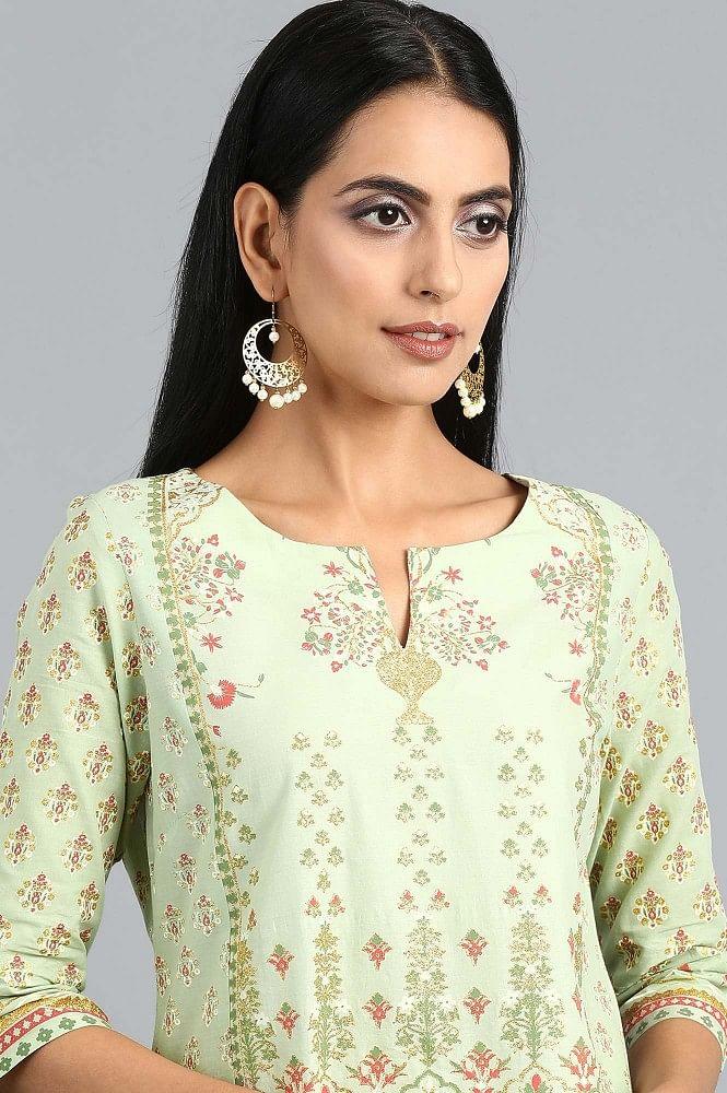 Green Round Neck Printed kurta Set - wforwoman