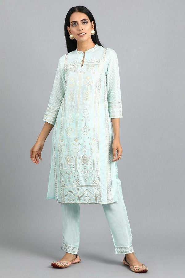 Blue Mandarin Neck Printed kurta Set