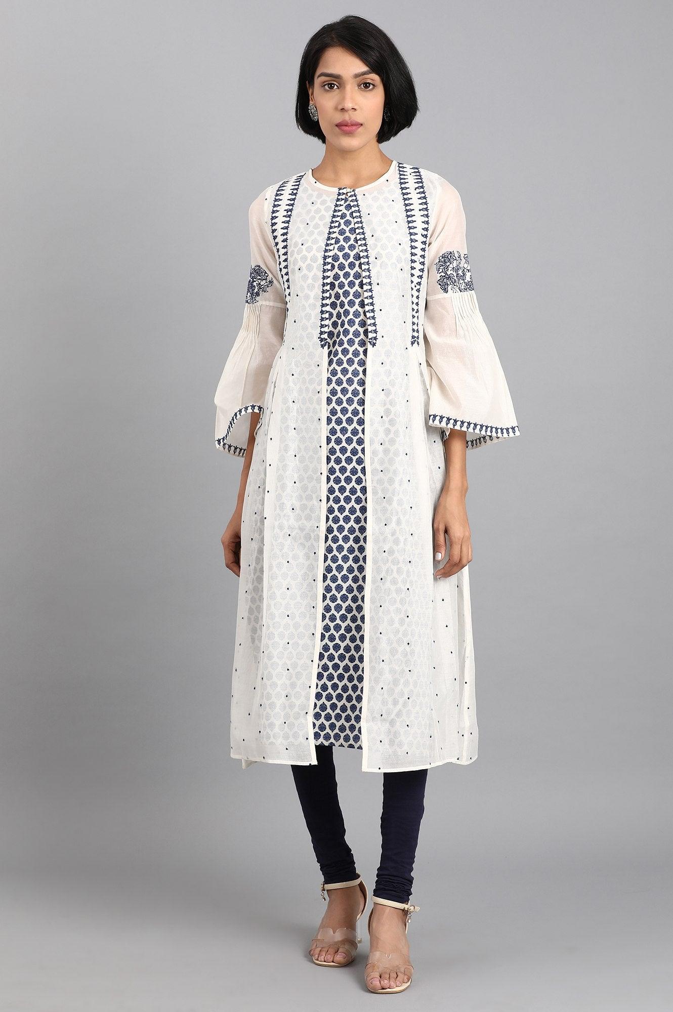 White Round Neck Printed kurta Set - wforwoman