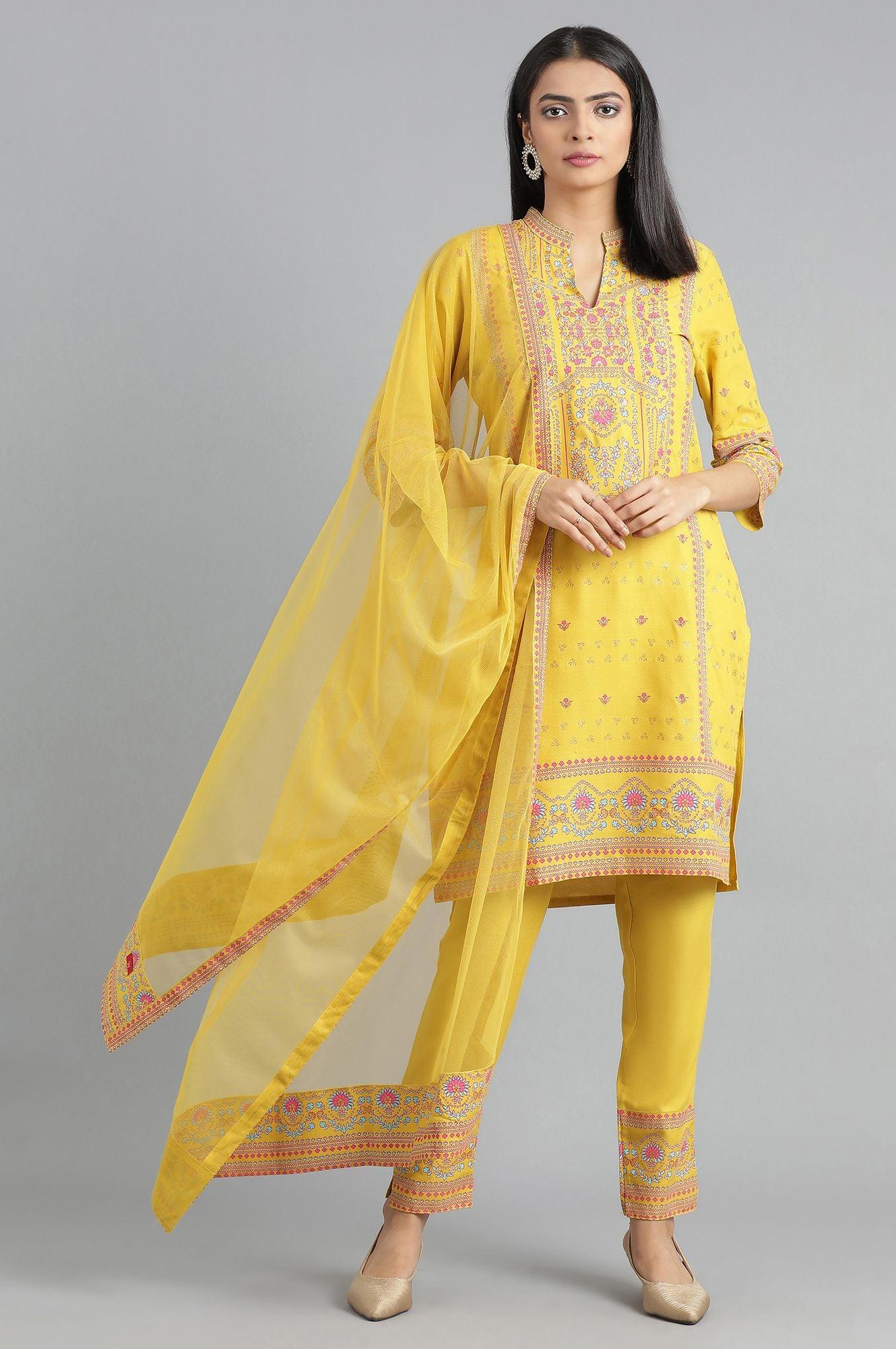 Yellow Mandarin Neck Suit Set - wforwoman