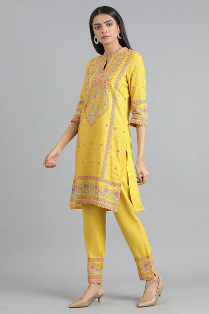 Yellow Mandarin Neck Suit Set - wforwoman