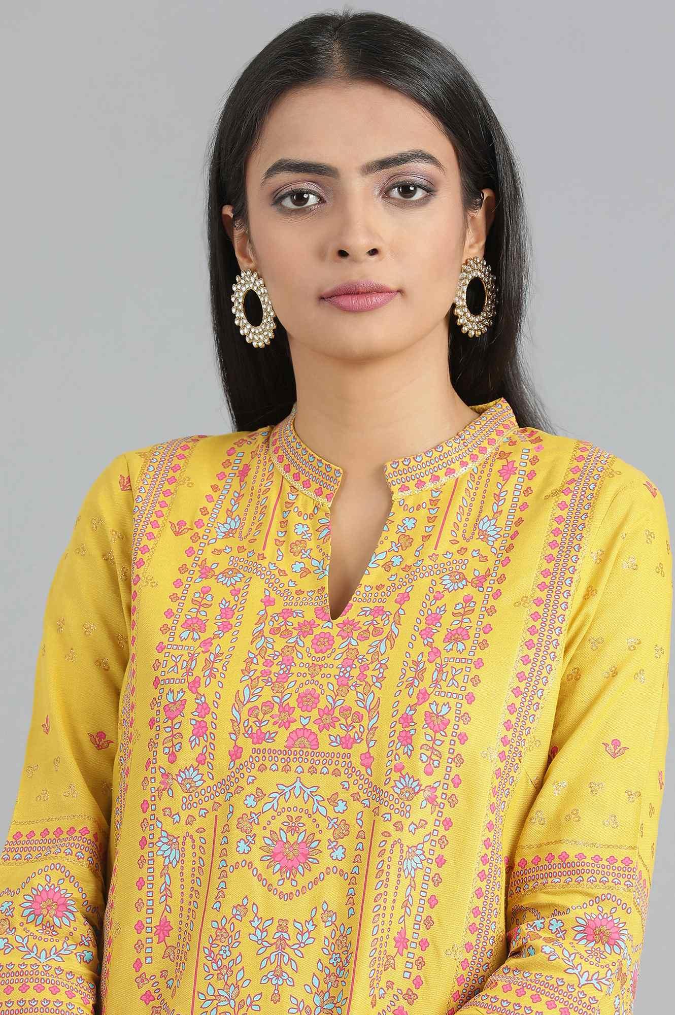 Yellow Mandarin Neck Suit Set - wforwoman