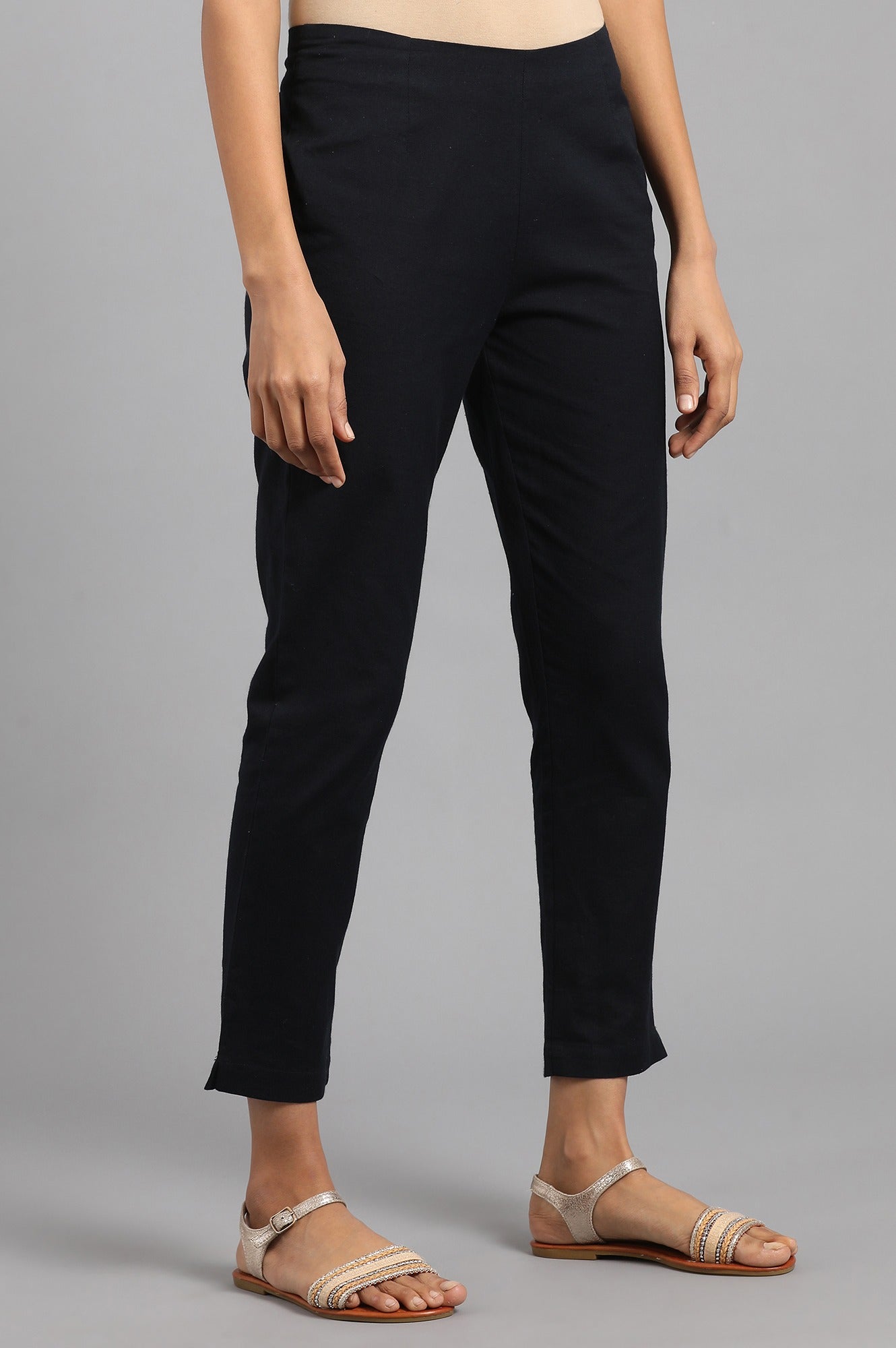 Blue Solid Straight Slim Pants