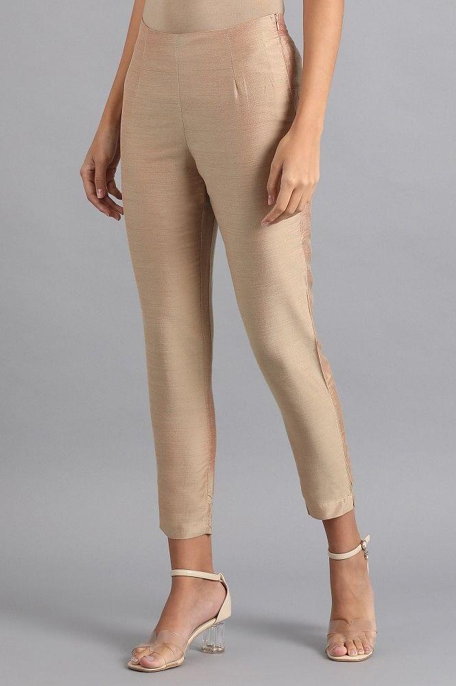 Beige Solid Trousers - wforwoman