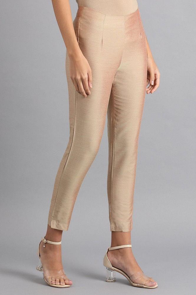 Beige Solid Trousers - wforwoman