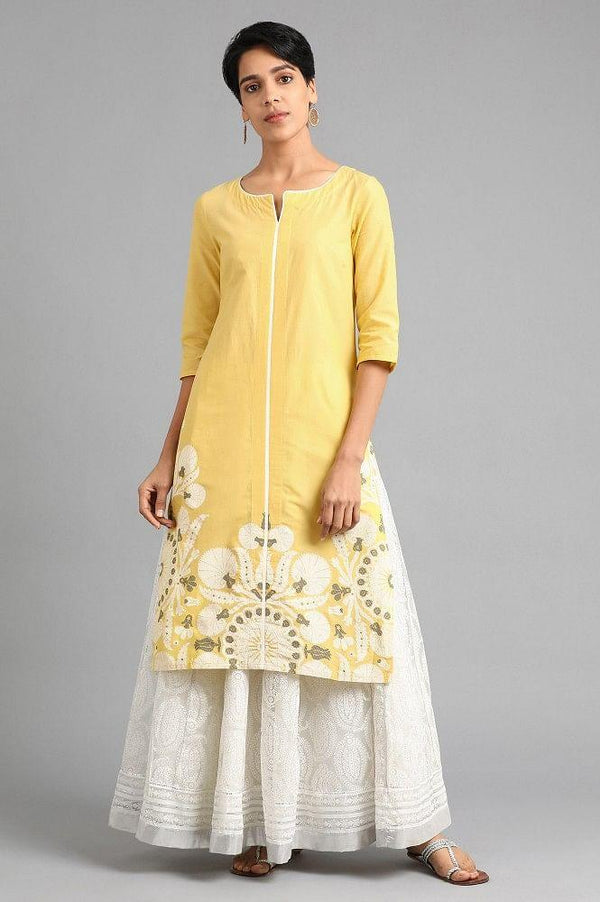 Yellow Round Neck Printed kurta