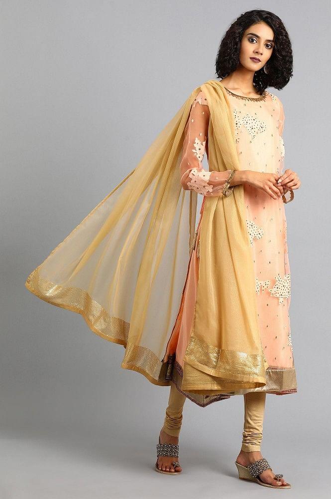 Peach Round Neck Printed kurta - XS