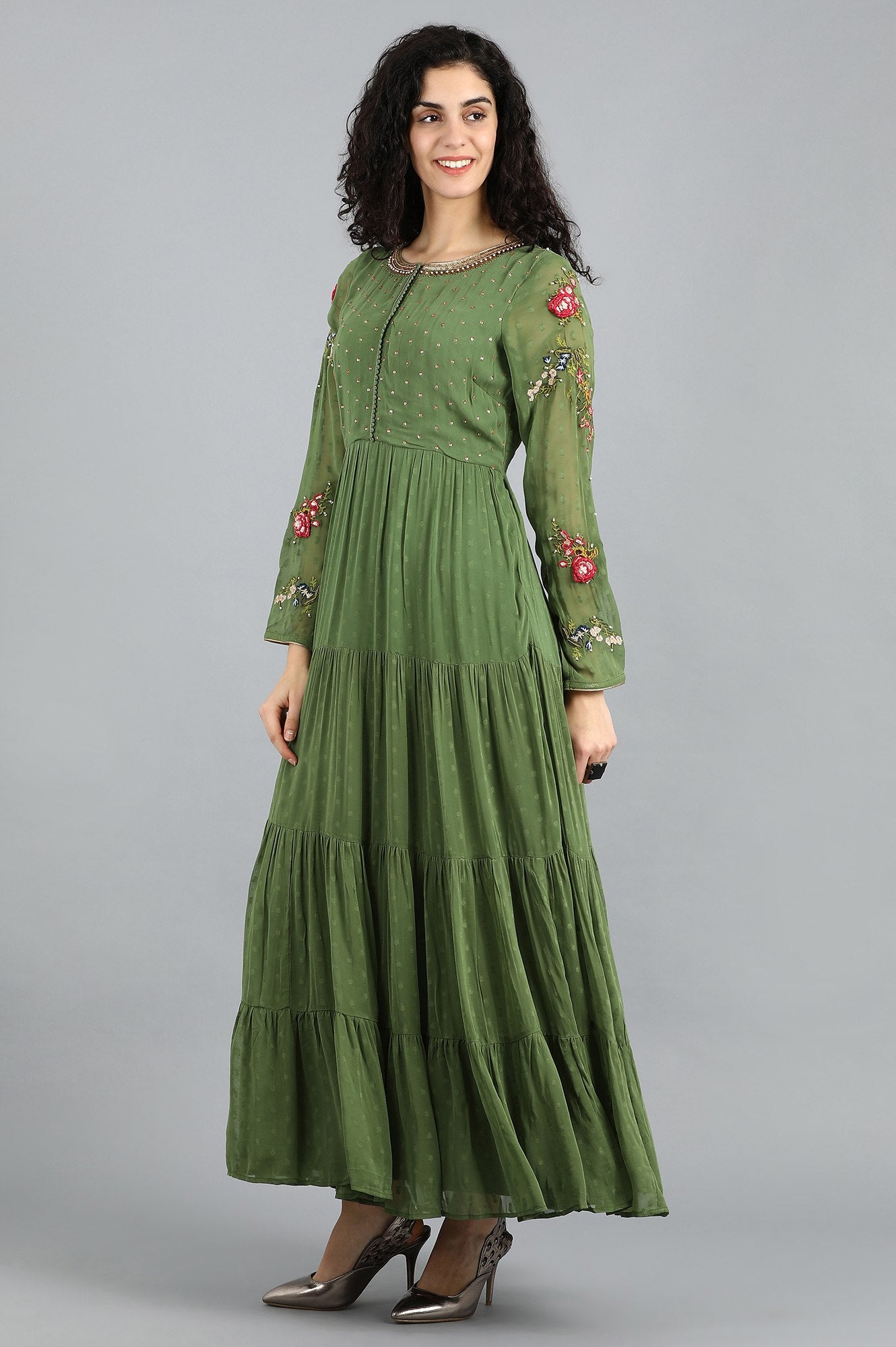 Green Round Neck Flared Dress