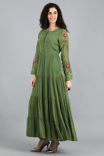 Green Round Neck Flared Dress
