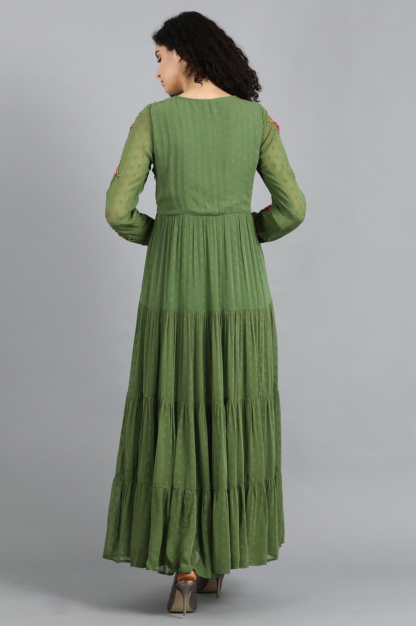 Green Round Neck Flared Dress