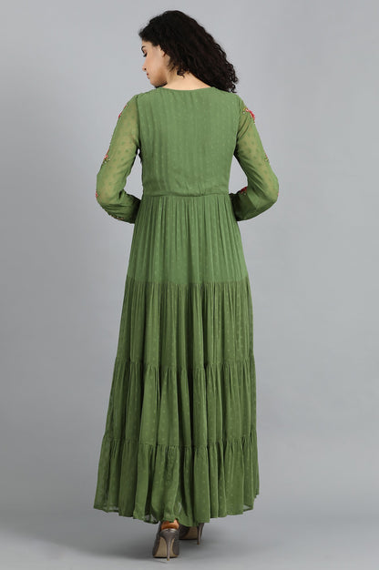 Green Round Neck Flared Dress