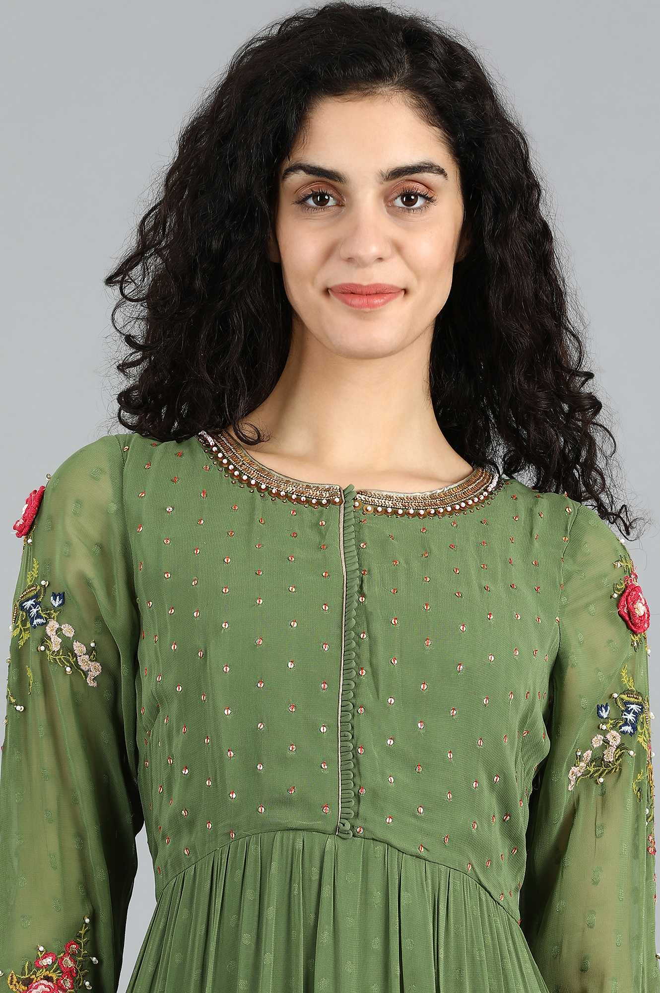 Green Round Neck Flared Dress