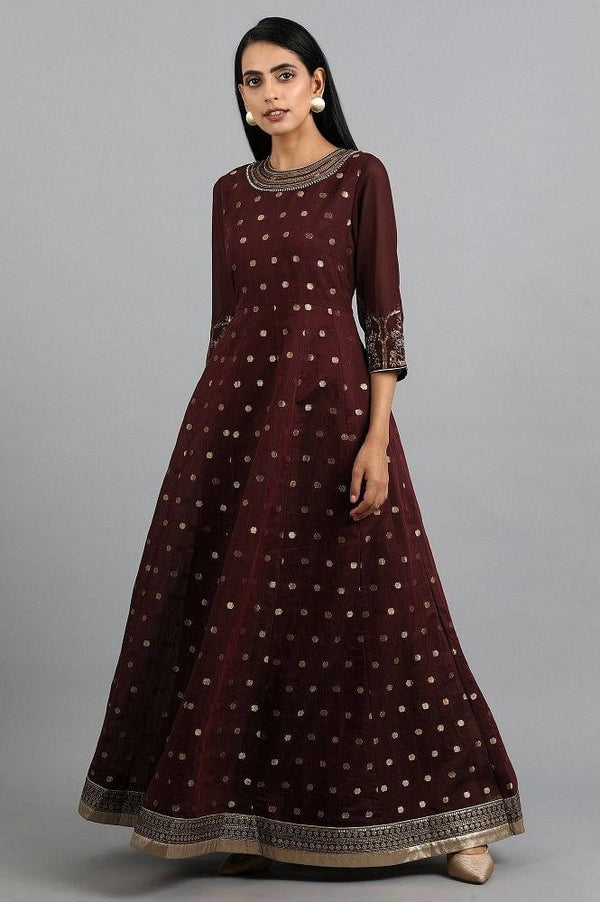 Maroon Round Neck Yarn-dyed Dress