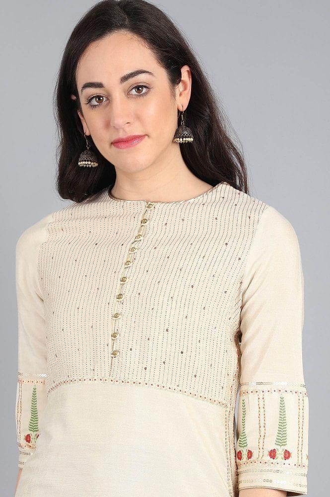 Ecru Round Neck Solid kurta - wforwoman
