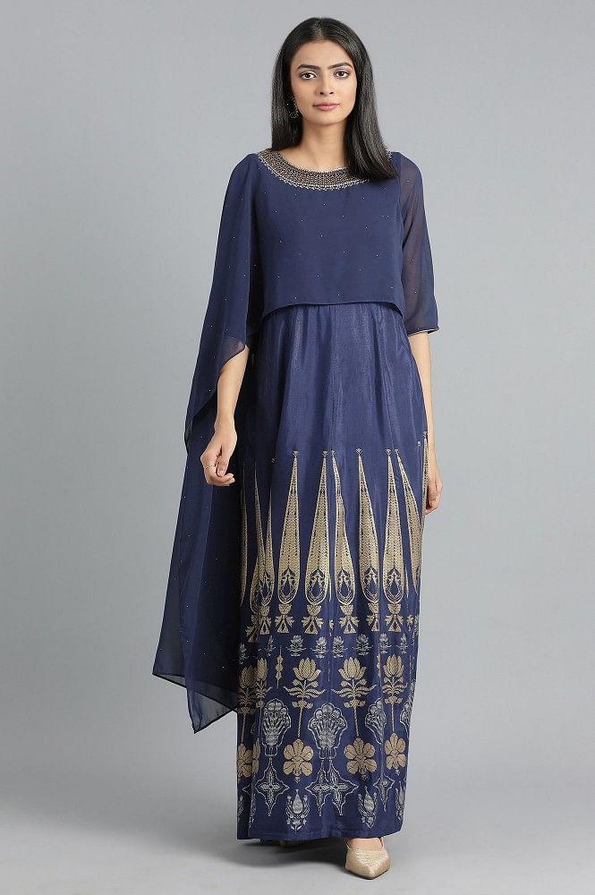 Blue Round Neck Printed kurta - wforwoman