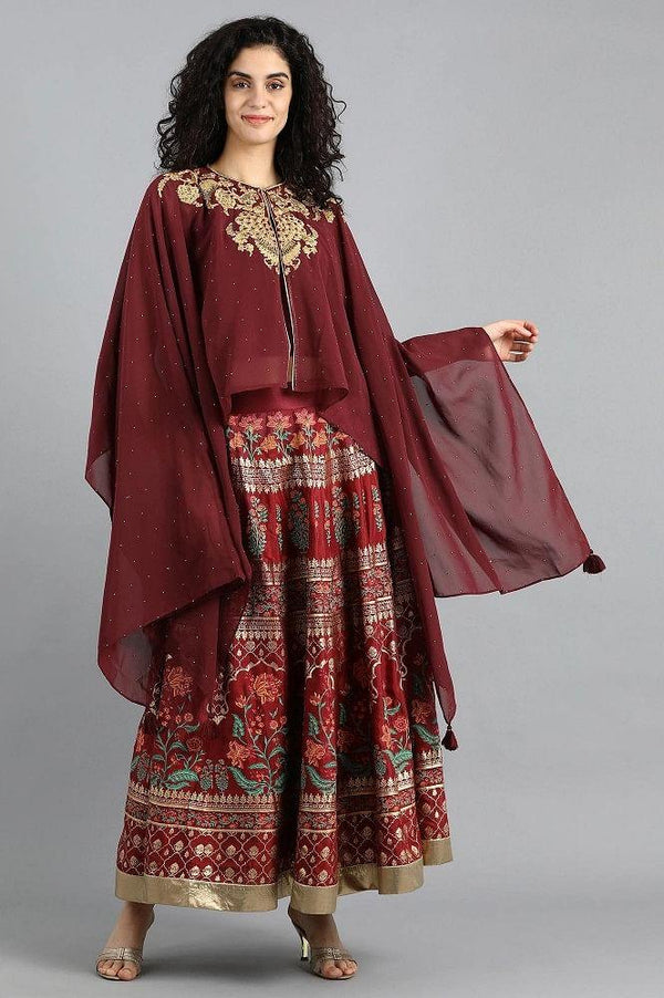 Maroon Round Neck Cape Sleeves Set