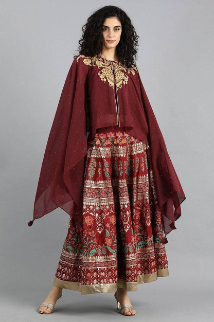 Maroon Round Neck Cape Sleeves Set - wforwoman